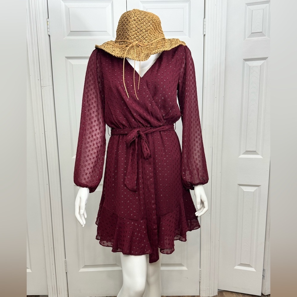 Fit & Flare Chiffon Dress Long Puff Sleeves Size 4 NWT Premier Amour - Picture 2 of 13